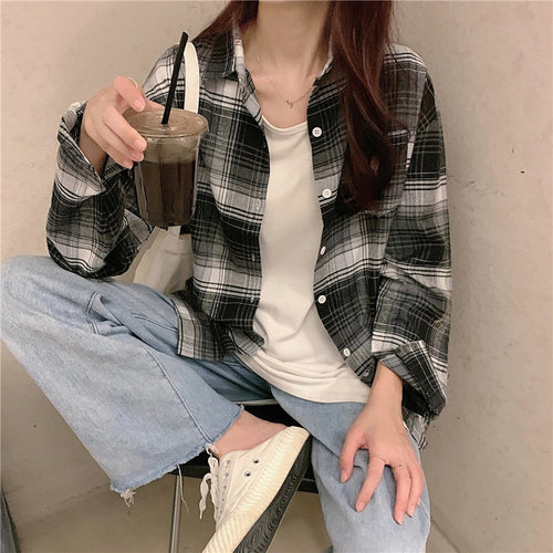 Load image into Gallery viewer, Plaid Women Shirt Casual Turn Down Collar Long Sleeve Fall Button Up Shirts Korean Loose Pocket Fashion Female Tops
