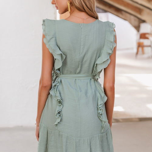 Load image into Gallery viewer, Elegant Ruffled Solid Chiffon Sleeveless Mini Summer Dress-women-wanahavit-Grey Blue-S-wanahavit
