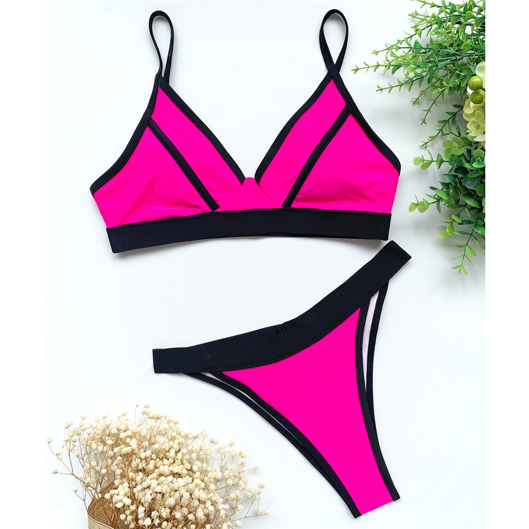 Sexy Neon Green High Leg Cut Bikini Women Swimwear Female Swimsuit Two-pieces Bikini set Splicing Bather Bathing Suit Swim V3146