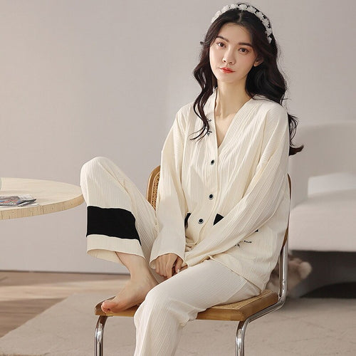 Load image into Gallery viewer, Autumn Women&#39;s Pajamas Set High Quality Pit Stripes Sleepwear V Neck Cotton Nightie Homewear Nightwear Pyjamas Femme
