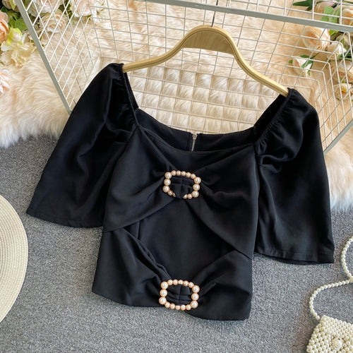 Load image into Gallery viewer, Summer Women Blouse Elegant Square Collar White Beading Pearl Buttons Bow High Waist Puff Sleeve Office Ladies Tops Korean
