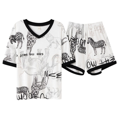 Load image into Gallery viewer, Summer Women&#39;s Pajamas Set Fashion Zoo Animals Print Short Sleeve V Neck Sleepwear Modal Nightwear Suit Pyjamas Femme
