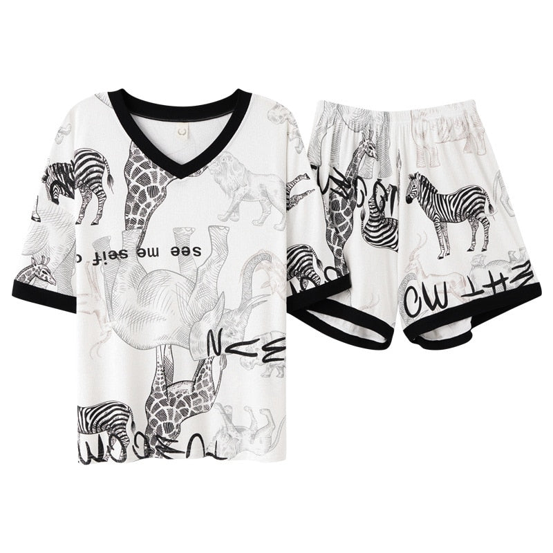 Summer Women's Pajamas Set Fashion Zoo Animals Print Short Sleeve V Neck Sleepwear Modal Nightwear Suit Pyjamas Femme