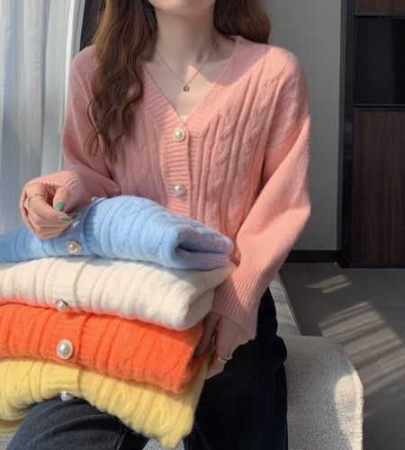 Knit Women Cute Cardigan Sweater Fashion Sweet Pearl Button Fall Loose Sleeve  Short Jacket V Neck Solid Color Coat