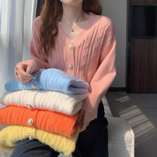 Load image into Gallery viewer, Knit Women Cute Cardigan Sweater Fashion Sweet Pearl Button Fall Loose Sleeve  Short Jacket V Neck Solid Color Coat
