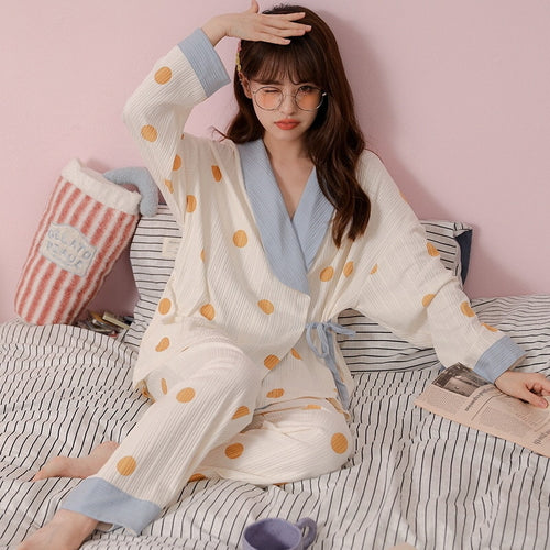 Load image into Gallery viewer, High Quality Women&#39;s Pajamas Set Kimono Ins Style Sleepwear Cotton Casual Homewear V Neck 2pcs Nightgown пижама женская
