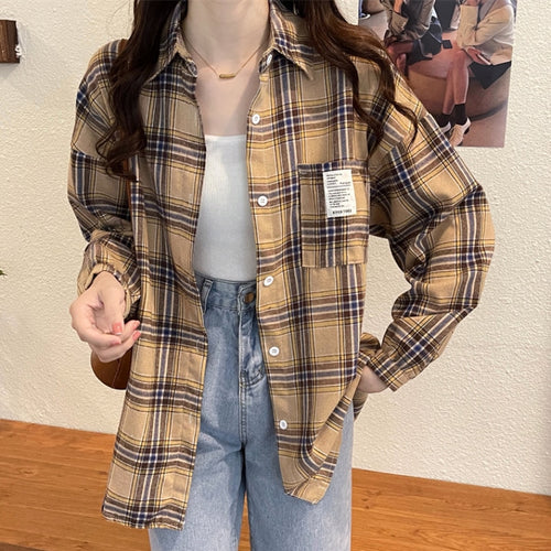 Load image into Gallery viewer, Plaid Women Shirts Autumn Fashion Loose Lantern Sleeve Korean Turn Down Collar Female Button Up Tops Causal Pocket Shirts
