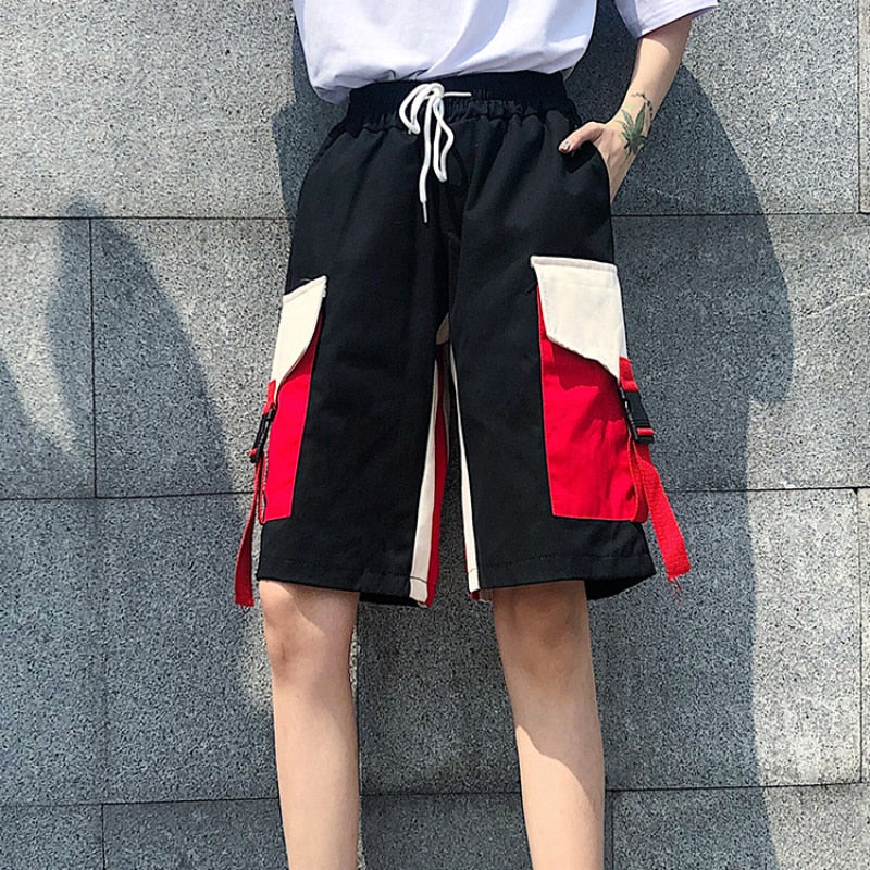 Fashion Patchwork Women Cargo Shorts Summer High Waist Lace Up Pocket Korean Loose Cotton Girls Streetwear Wide Leg Shorts