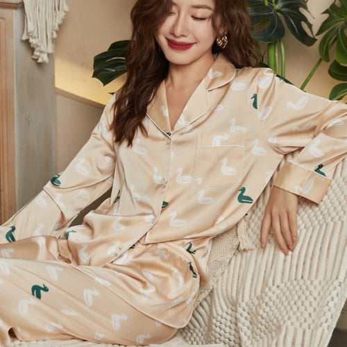 Load image into Gallery viewer, Women&#39;s Pajamas Set Luxury Style Hand-painted Duck Sleepwear Silk Like Casual Homewear Nightwear Pyjamas Femme
