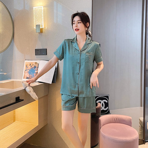 Load image into Gallery viewer, Women&#39;s Pajamas Set V Neck Luxury Style Fashion Heart Embroidered Sleepwear Silk Like Home Suit Nightwear Pijama Femme
