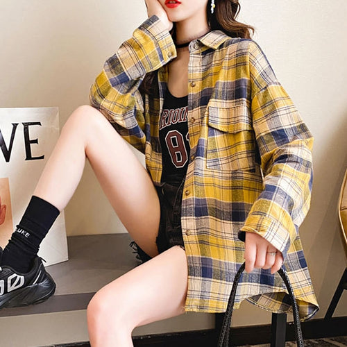 Load image into Gallery viewer, Plaid Women Shirt Spring Long Sleeve Korean Girls Blouse Casual Pink Cotton Turn Down Collar Streetwear Ladies Pocket Tops
