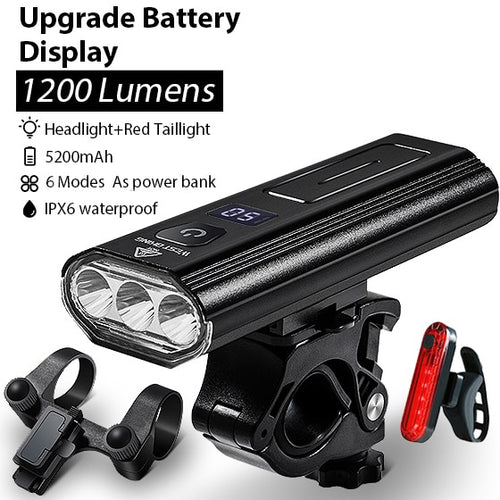 Load image into Gallery viewer, 5200mAh 1200LM Bike Light 3 LED Battery Display USB Rechargeable Headlight Waterproof Cycling Front Lamp Power Bank
