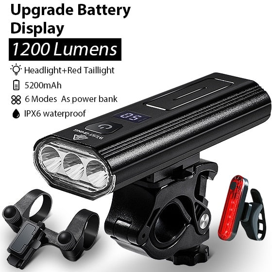 5200mAh 1200LM Bike Light 3 LED Battery Display USB Rechargeable Headlight Waterproof Cycling Front Lamp Power Bank