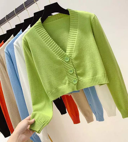 Corp Cardigan Sweater Autumn Long Sleeve Soft Sexy V Neck Knitted Korean Short Top Casual Single Breasted Pink Thin Blouse