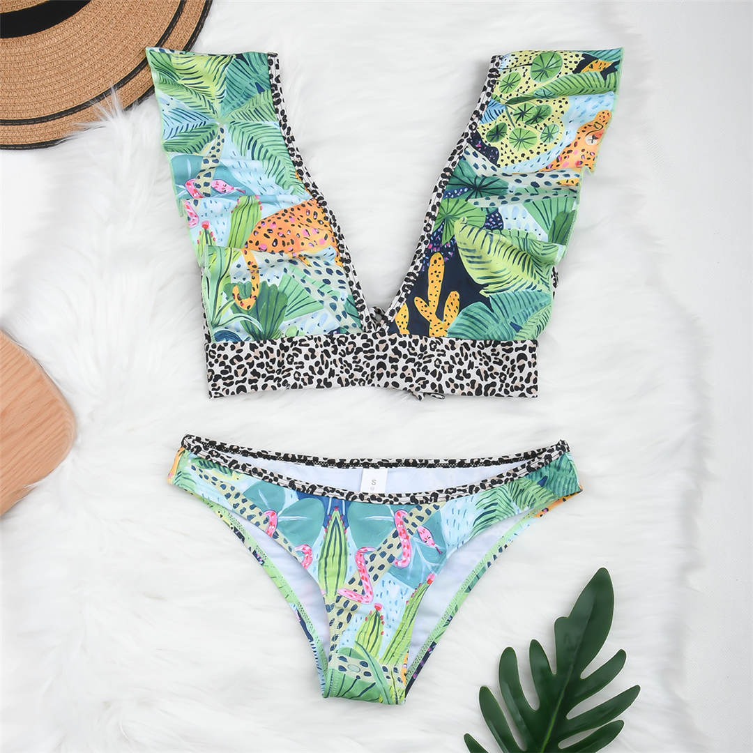 Splicing Ruffled Bikini Female Swimsuit Women Swimwear Two-pieces Bikini set Floral Print Leopard Bather Bathing Suit Swim V2923