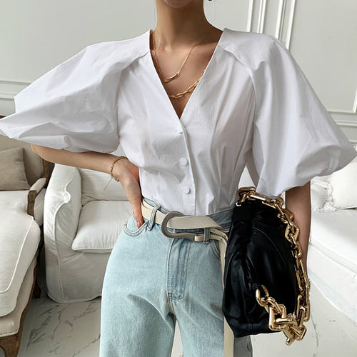 Load image into Gallery viewer, Summer Elegant Women Shirt Fashion V Neck Puff Sleeve Black White Tuxedo Shirt High Waist Button Party Ladies Blouse Tops
