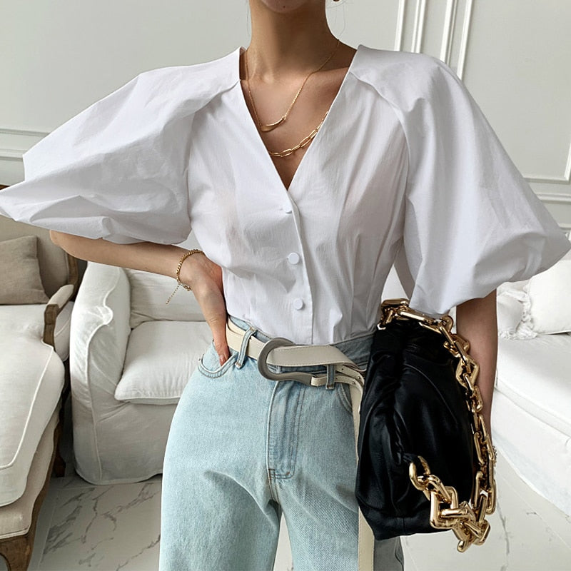 Summer Elegant Women Shirt Fashion V Neck Puff Sleeve Black White Tuxedo Shirt High Waist Button Party Ladies Blouse Tops