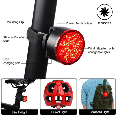 Load image into Gallery viewer, Whirling Windmill LED Bicycle Tail Light 8 Light Modes USB Charge Bike Light Waterproof Safety Warning Seatpost Cycling Light
