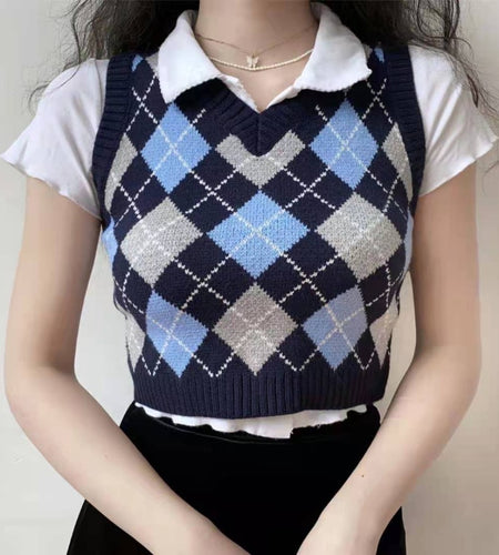 Argyle Women Vest Sweater Autumn Fashion V Neck Knitted Plaid Crop Sweater Casual V Neck Preppy Style Female Jumper Tops