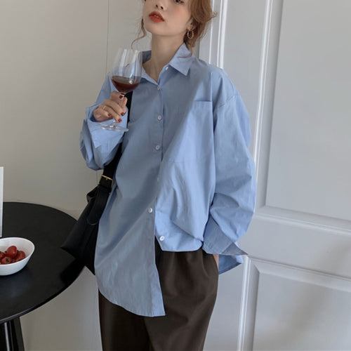Load image into Gallery viewer, Designed Women Long Shirt Oversize Blue Long Sleeve Korean Loose Ladies Casual Blue Shirt Fashion Button Up Female Tops
