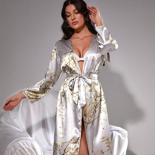 Load image into Gallery viewer, Women&#39;s Pajamas Robe Set Sexy Dress Cherry Print Nightgown Deep V Neck Homewear Silk Like Bathrobe Backless Sleepdress
