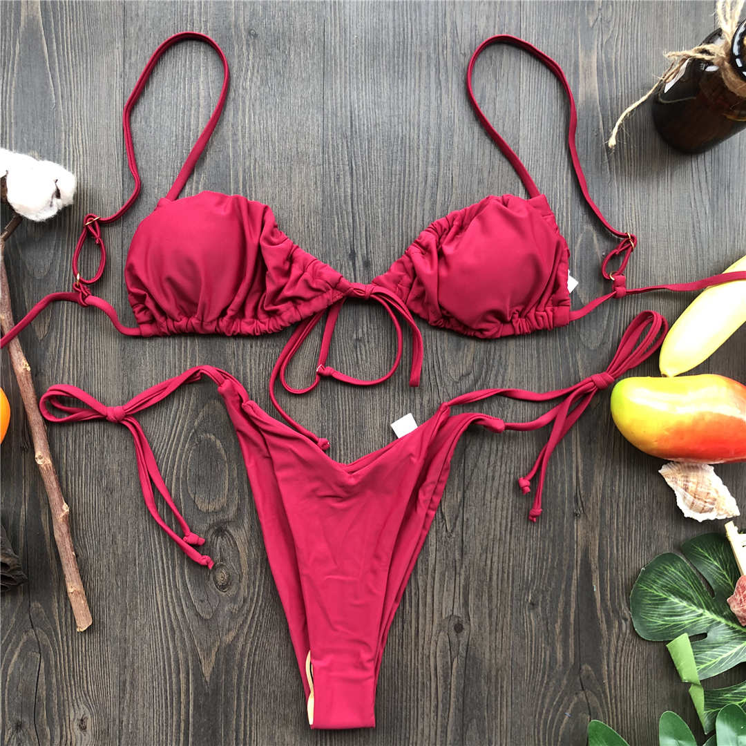 Wrinkled Lace Up Mini Thong Bikini Female Swimsuit Women Swimwear Two-Pieces Bikini set Tie Dye Bather Bathing Suit Swim V2552B