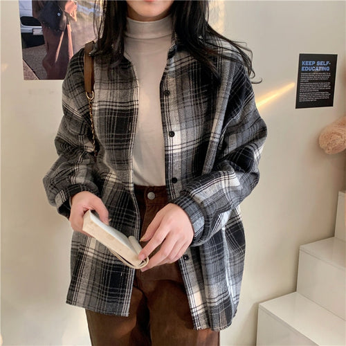 Load image into Gallery viewer, Retro Plaid Women Shirts Vintage Fall Single Breasted Long Sleeve Female Shirt Designed Spring Korean Ladies  Tops

