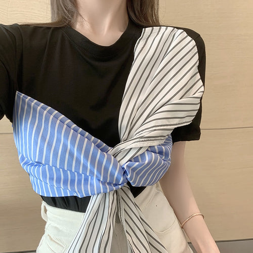 Load image into Gallery viewer, Striped Patchwork Women T Shirt Short Sleeve Summer O Neck Bandage Ladies Tees Korean Casual Designed Female Tops
