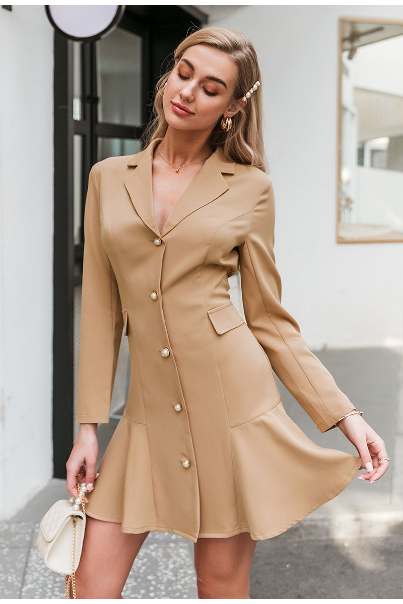 A-line Ruffled Elegant Ruffled Button Lapel Office Blazer Dress-women-wanahavit-Khaki-S-wanahavit