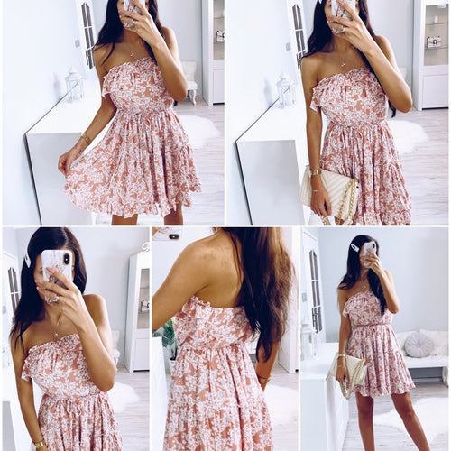 Load image into Gallery viewer, Sleeveless Floral Printed Sexy High Waist Ruffled Mini Tube Dress-women-wanahavit-Pink-S-wanahavit
