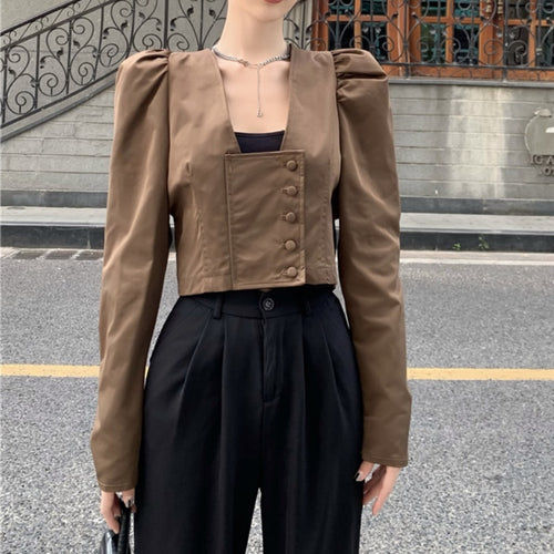 Load image into Gallery viewer, Elegant Women Shirts Autumn Fashion Square Collar Korean Puff Sleeve High Waist Crop Tops Single Breasted Female Shirt
