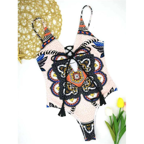 Load image into Gallery viewer, Sexy Lace Up Monokini Women Swimwear One Piece Swimsuit Female Printed High Cut Bather Bathing Suit Swim Lady V2506

