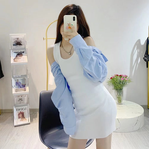 Load image into Gallery viewer, Colorblock Casual Bodycon Dress Female Lapel Long Sleeve High Waist Slim Mini Dresses For Women Summer Fashion
