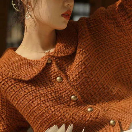 Load image into Gallery viewer, Cute Peter Pan Collar Women Cardigan Sweater Loose Knitted Long Sleeve Korean Chic Jumper Coat Loose Button Up Jackets
