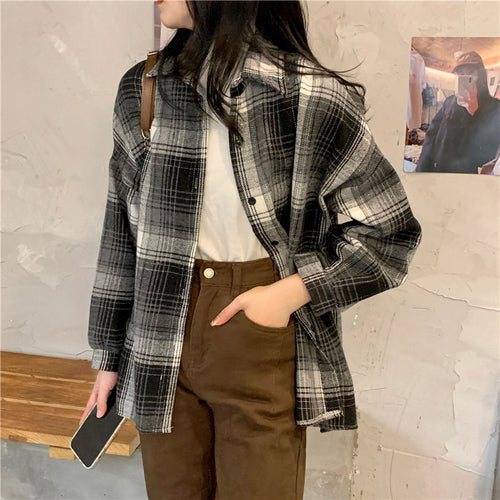Load image into Gallery viewer, Retro Plaid Women Shirts Vintage Fall Single Breasted Long Sleeve Female Shirt Designed Spring Korean Ladies  Tops
