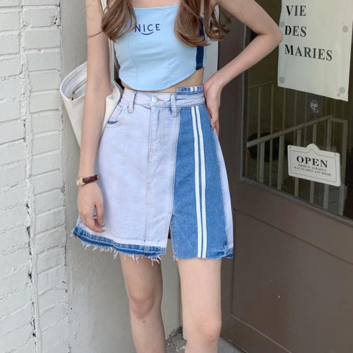 Load image into Gallery viewer, Designed Women Denim Skirt High Waist Patchwork Tassel A Line Jeans Skirt Fashion Streetwear Summer Girls Mini Skirts New
