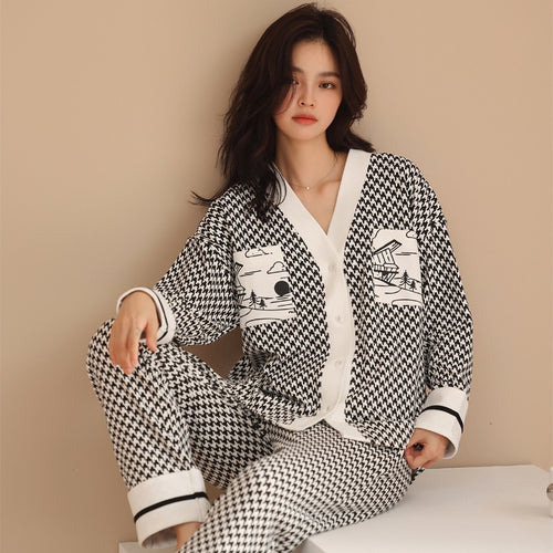 Load image into Gallery viewer, High Quality Women&#39;s Pajamas Set Houndstooth Ins Style Sleepwear Cotton V Neck Homewear Casual Nightwear пижама женская
