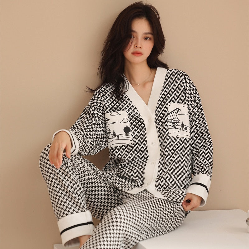 High Quality Women's Pajamas Set Houndstooth Ins Style Sleepwear Cotton V Neck Homewear Casual Nightwear пижама женская