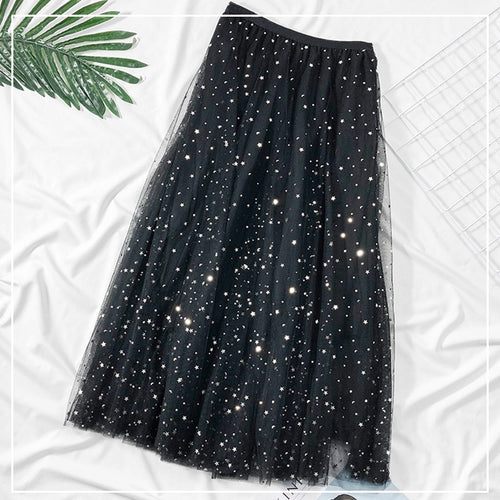 Load image into Gallery viewer, Elegant Korean Women Tulle Skirt Fashion Sequin Star Summer Mesh Ladies Long Skirt Elastic High Waist Party White Skirt
