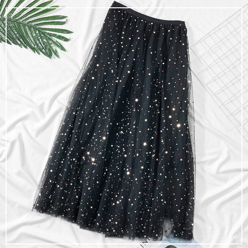 Elegant Korean Women Tulle Skirt Fashion Sequin Star Summer Mesh Ladies Long Skirt Elastic High Waist Party White Skirt