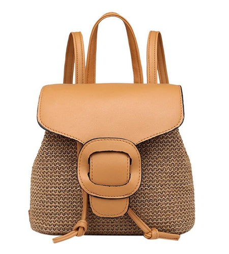 Straw Arcuate Shoulder Strap Flap Backpack-women-wanahavit-Khaki-wanahavit