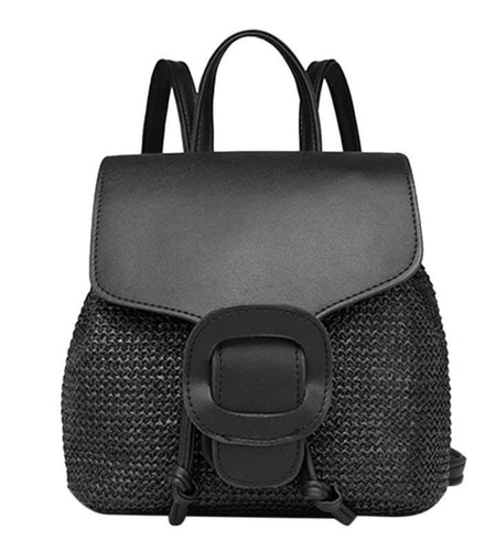 Straw Arcuate Shoulder Strap Flap Backpack-women-wanahavit-Black-wanahavit