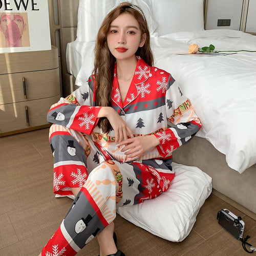 Load image into Gallery viewer, High Quality Women&#39;s Pajamas Set Christmas Print Homewear Silk like Sleepwear Casual Home Clothes Luxury Nightwear Femme
