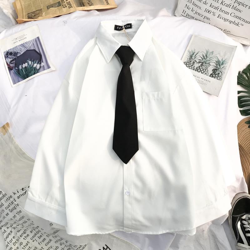 Autumn Women Shirt JK White Black Long Sleeve Loose Student Shirts Turn Down Collar Tie Casual Fashion Pocket Tops