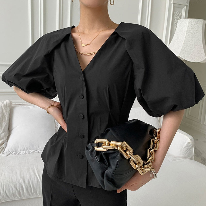 Summer Elegant Women Shirt Fashion V Neck Puff Sleeve Black White Tuxedo Shirt High Waist Button Party Ladies Blouse Tops