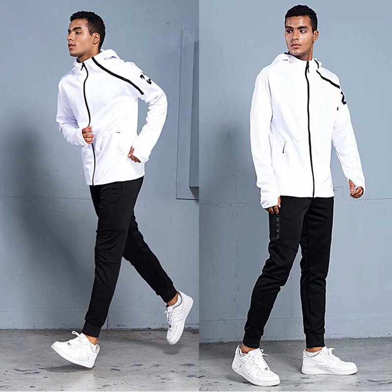 Autumn Winter Hooded Jacket Mens Sports Suit Gym Fitness Running Pants Youth Zipper High Elasticity Hoodies Male Long Sleeve