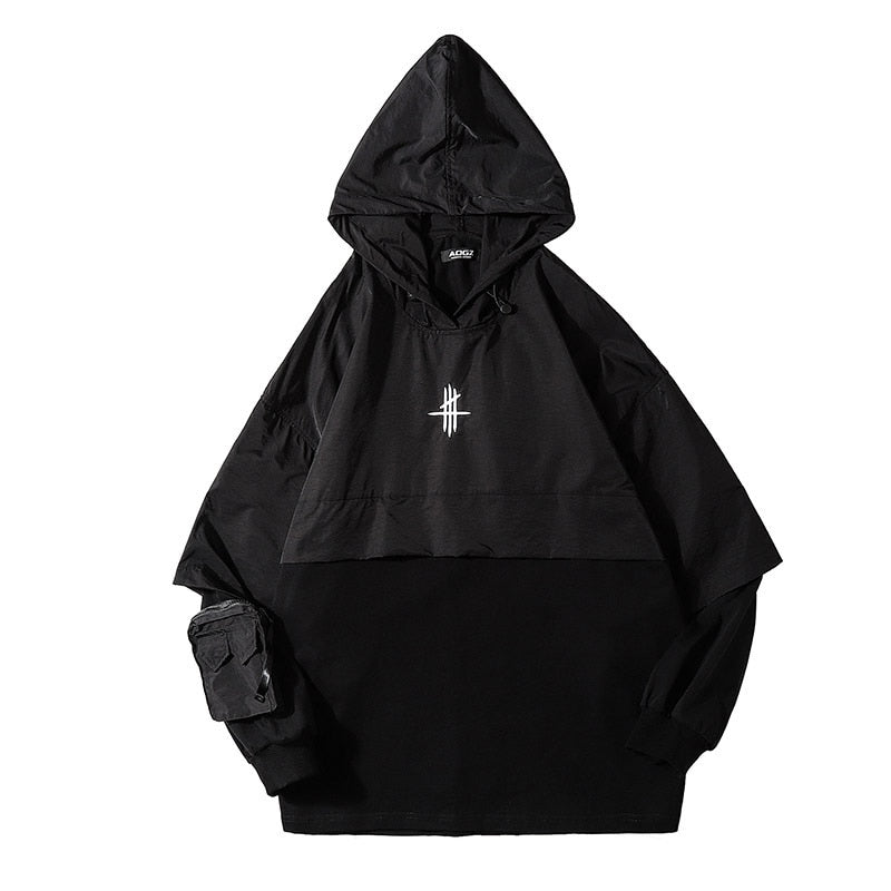Hip Hop Loose Hoodie Sweatshirts Men Fake two Pieces Embroidery Pullover Streetwear Dark Men Clothing WB328