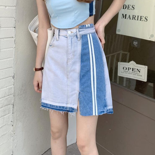 Load image into Gallery viewer, Designed Women Denim Skirt High Waist Patchwork Tassel A Line Jeans Skirt Fashion Streetwear Summer Girls Mini Skirts New
