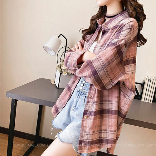 Load image into Gallery viewer, Plaid Women Shirt Spring Long Sleeve Korean Girls Blouse Casual Pink Cotton Turn Down Collar Streetwear Ladies Pocket Tops
