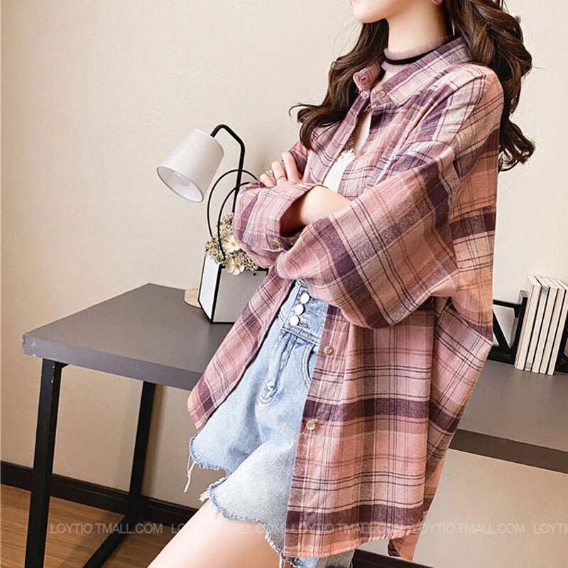 Plaid Women Shirt Spring Long Sleeve Korean Girls Blouse Casual Pink Cotton Turn Down Collar Streetwear Ladies Pocket Tops